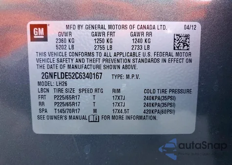 2012 Chevrolet Equinox Lt z USA, uszkodzony, nr VIN 2GNFLDE52C6340167